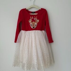 Red and White Reindeer Christmas Holiday Dress Girls‎ Sz 5